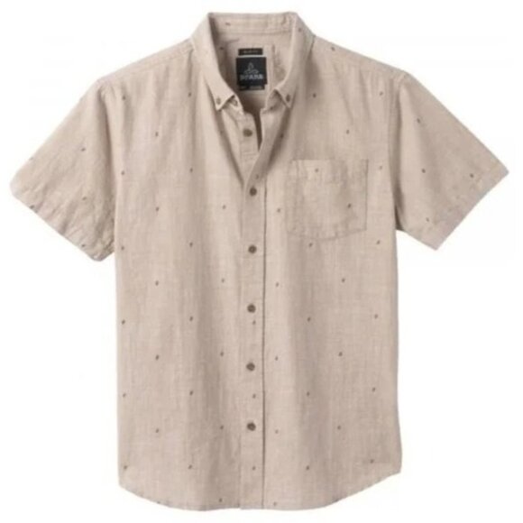 PrAna Button Collar Sparrow Bermuda Chambray Short Sleeve Shirt XL Slim Fit NWT - Picture 1 of 5